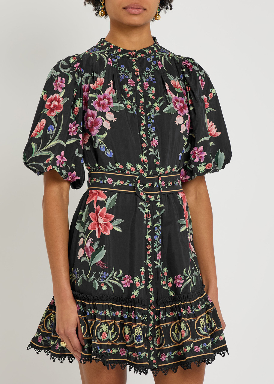 Farm Rio Belle Garden Floral-print Cotton-blend Mini Dress In Black