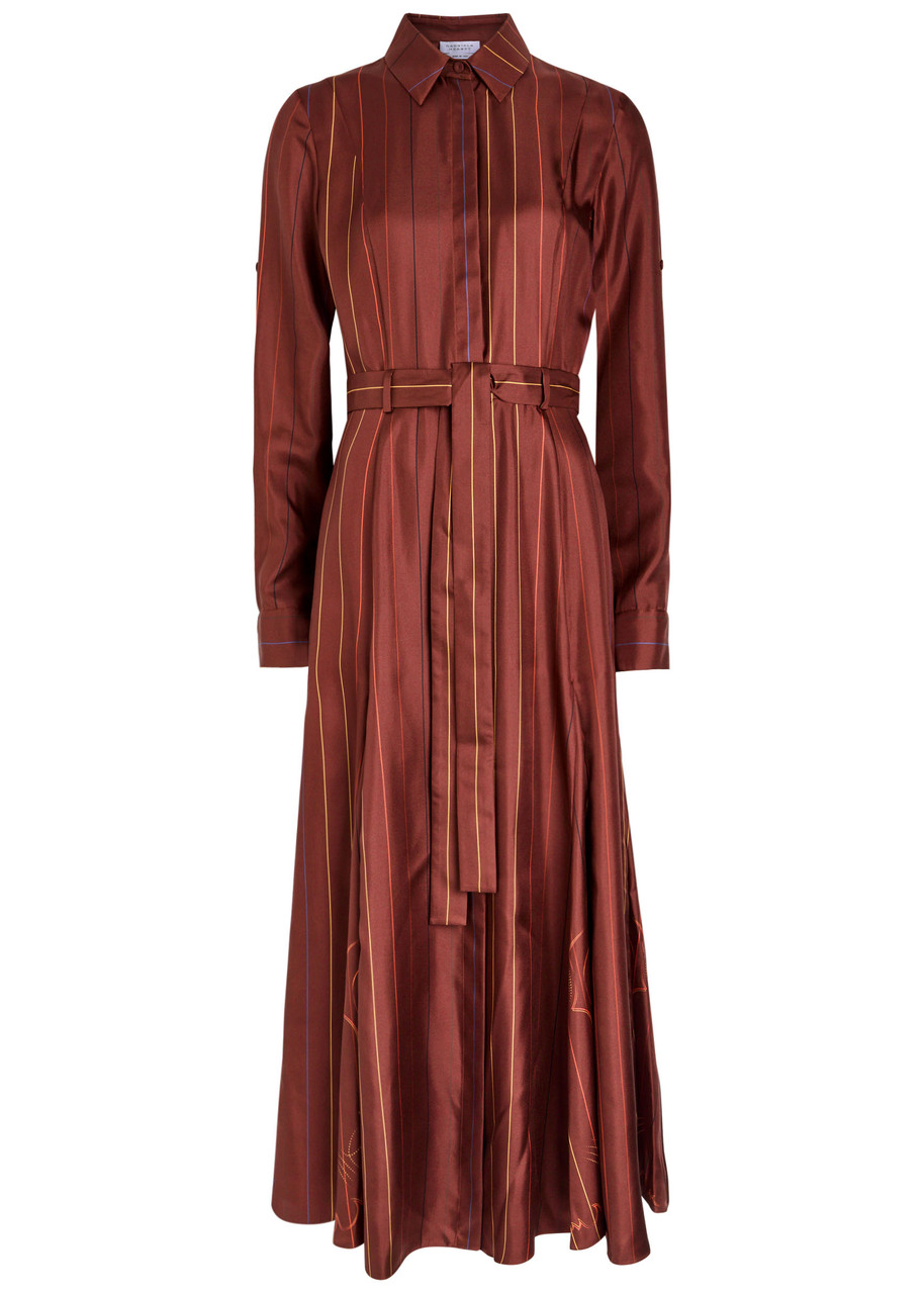 Gabriela Hearst Galway Striped Silk Midi Shirt Dress In Brown