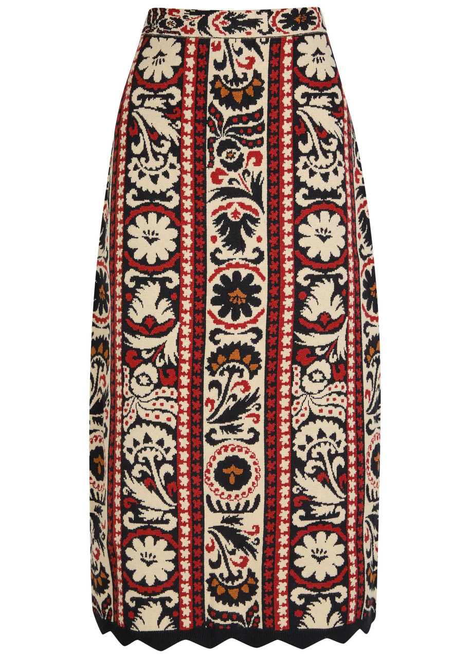 Farm Rio Embroidered Midi Skirt With Scalloped Hem In Brown