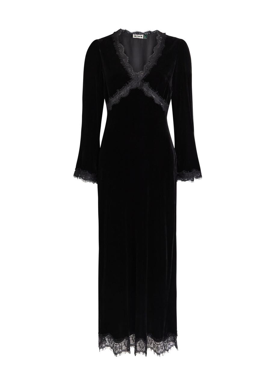 Rixo Alessi Lace-trim Velvet Midi Dress - Black - 12 (UK12 / M)