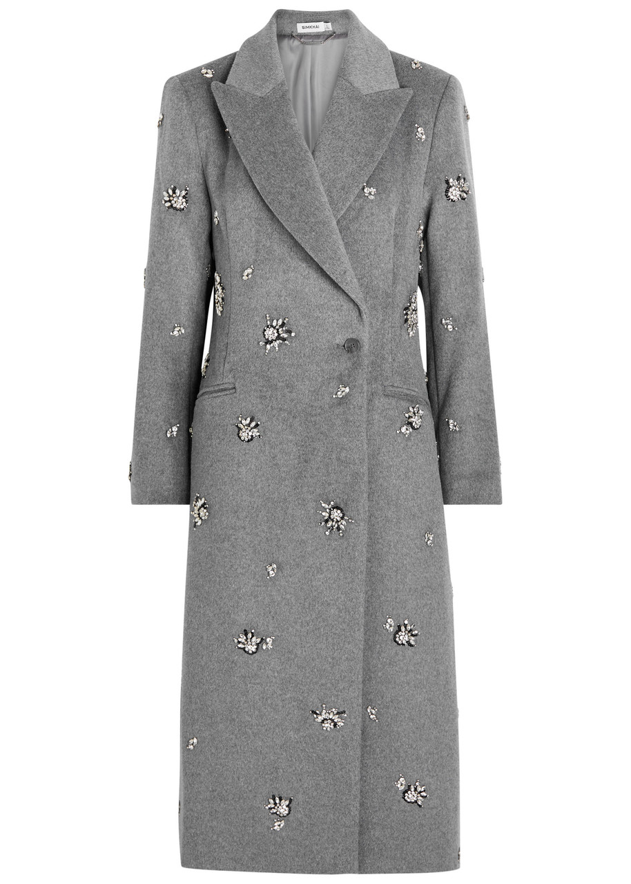 Simkhai Ganni Embellished Wool-blend Coat In Gray