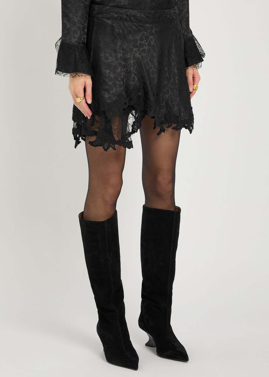 Isabel Marant Reanna Asymmetric Lace-embellished Satin Mini Skirt In Black