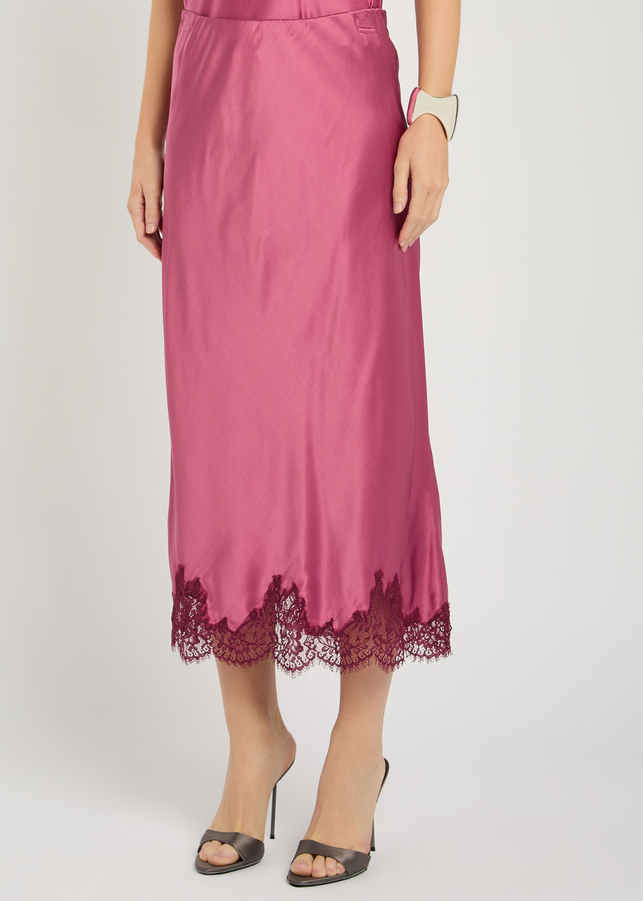 Loveshackfancy Malina Lace-trim Silk Midi Skirt In Pink