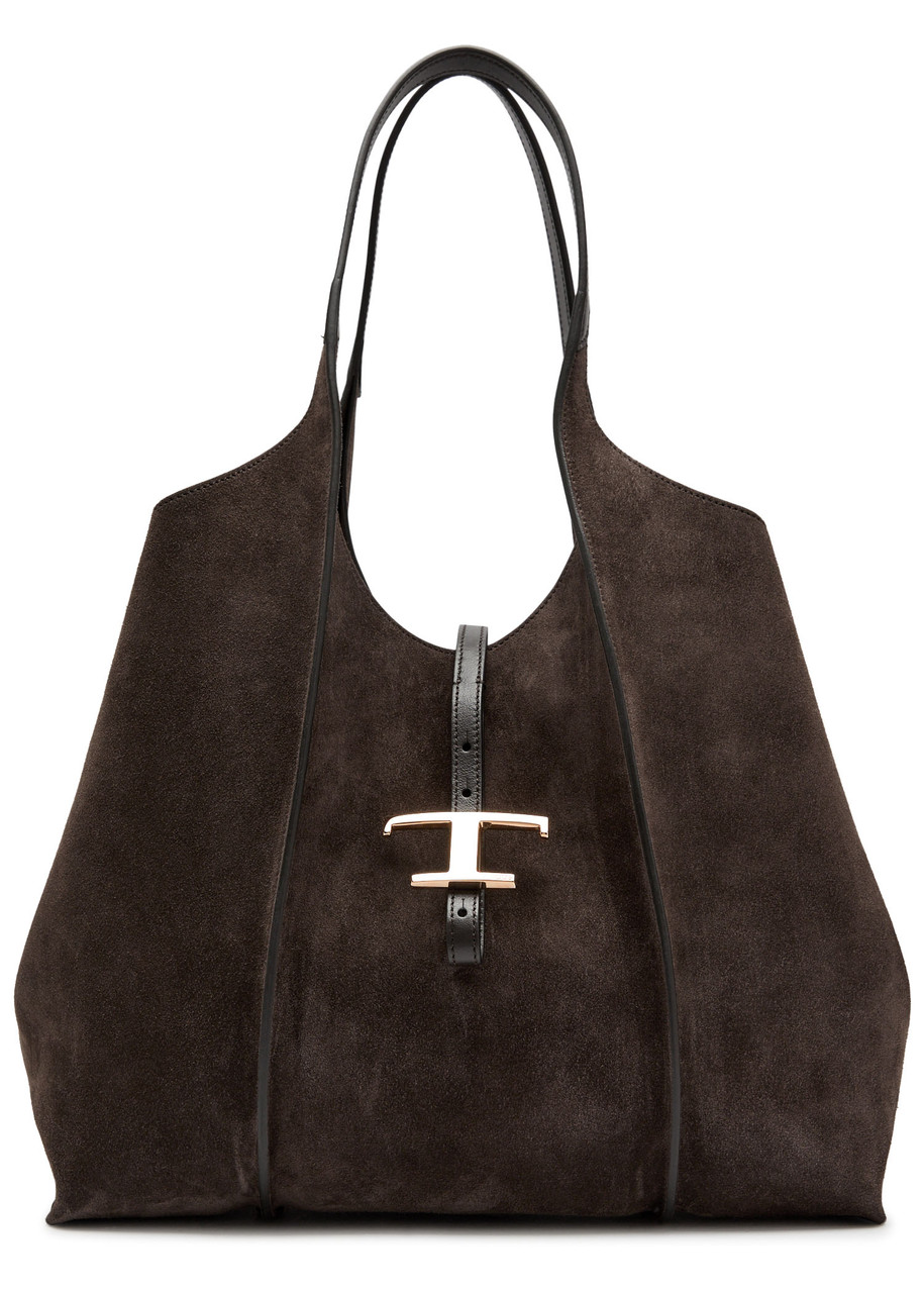 Tod's Tods T-plaque Suede Medium Top Handle Bag In Brown