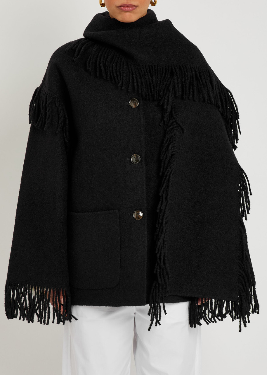 Totême Toteme Fringed Scarf-effect Wool-blend Jacket In Black