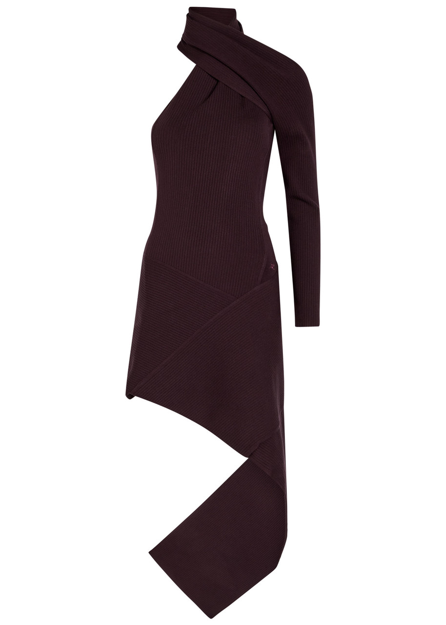 Courrèges Asymmetric One-shoulder Ribbed-knit Mini Dress In Burgundy