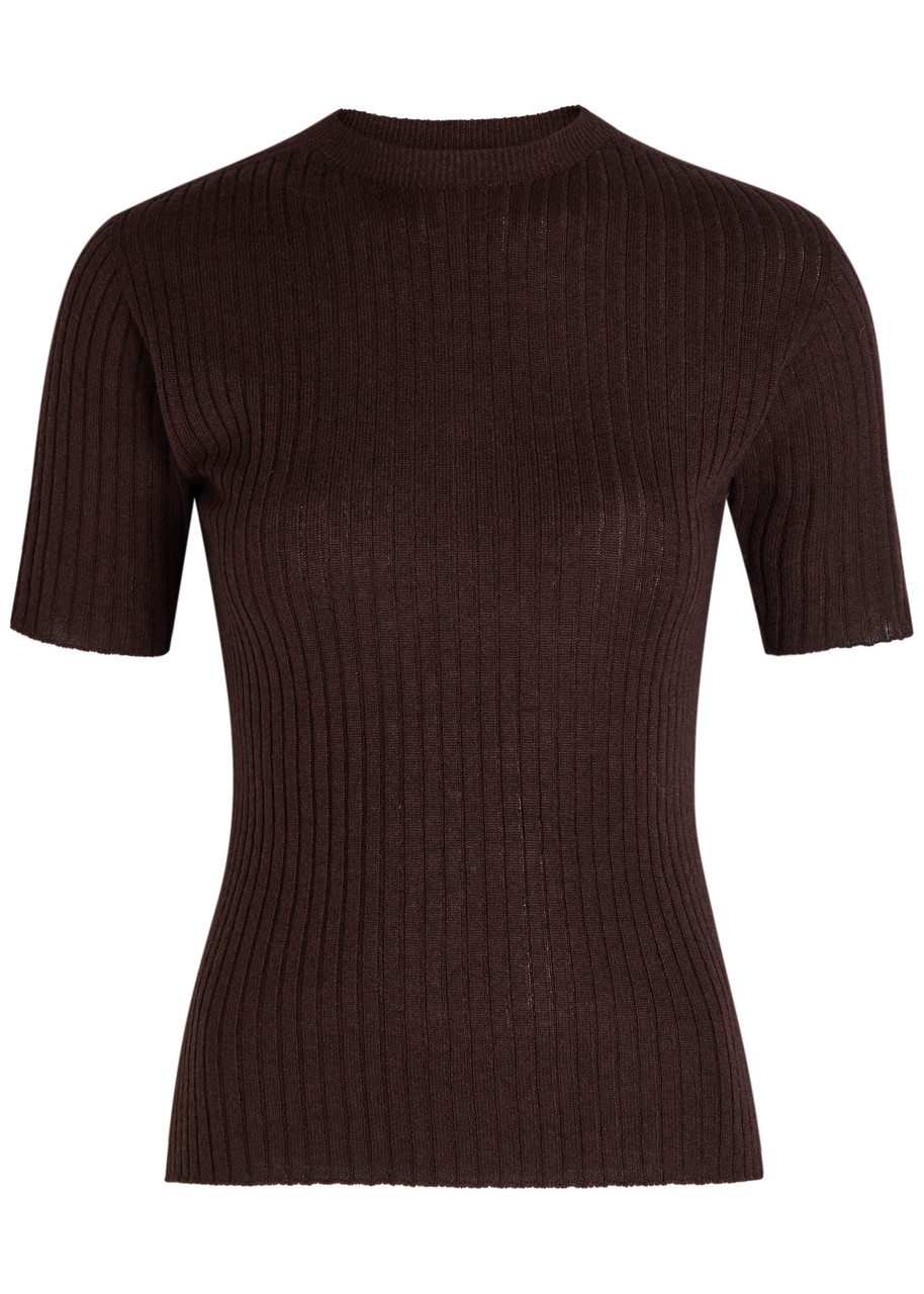 Elder Statesman Ribbed Cashmere And Silk-blend T-shirt In Brown