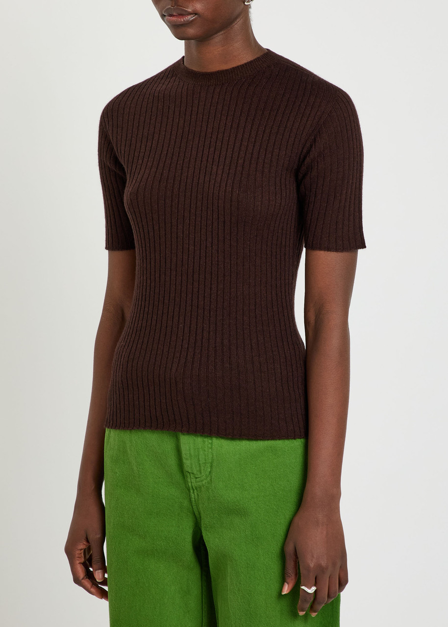 Elder Statesman Ribbed Cashmere And Silk-blend T-shirt In Brown