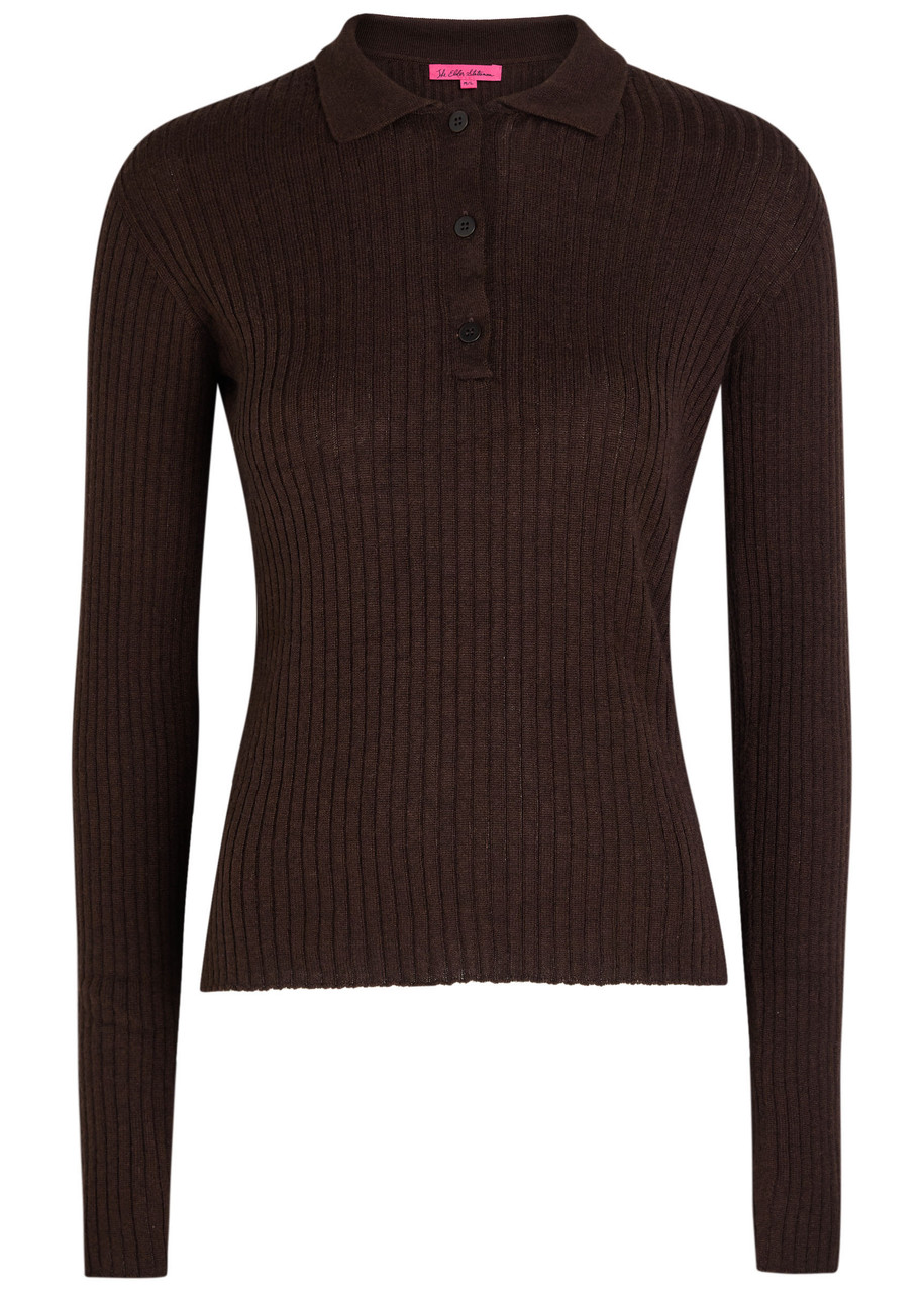 Elder Statesman Ribbed Cashmere And Silk-blend Polo Top In Brown