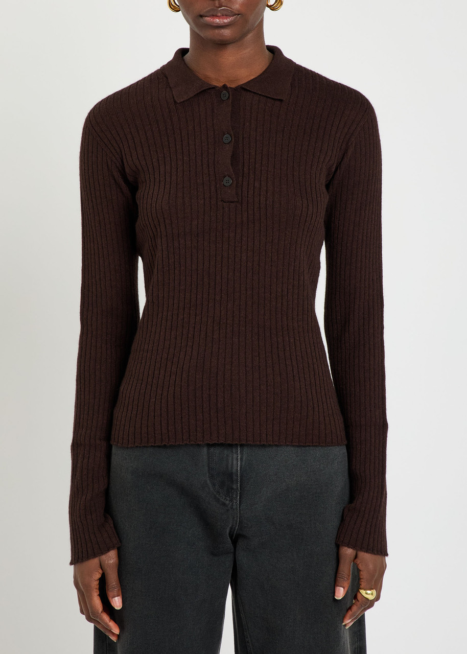 Elder Statesman Ribbed Cashmere And Silk-blend Polo Top In Brown