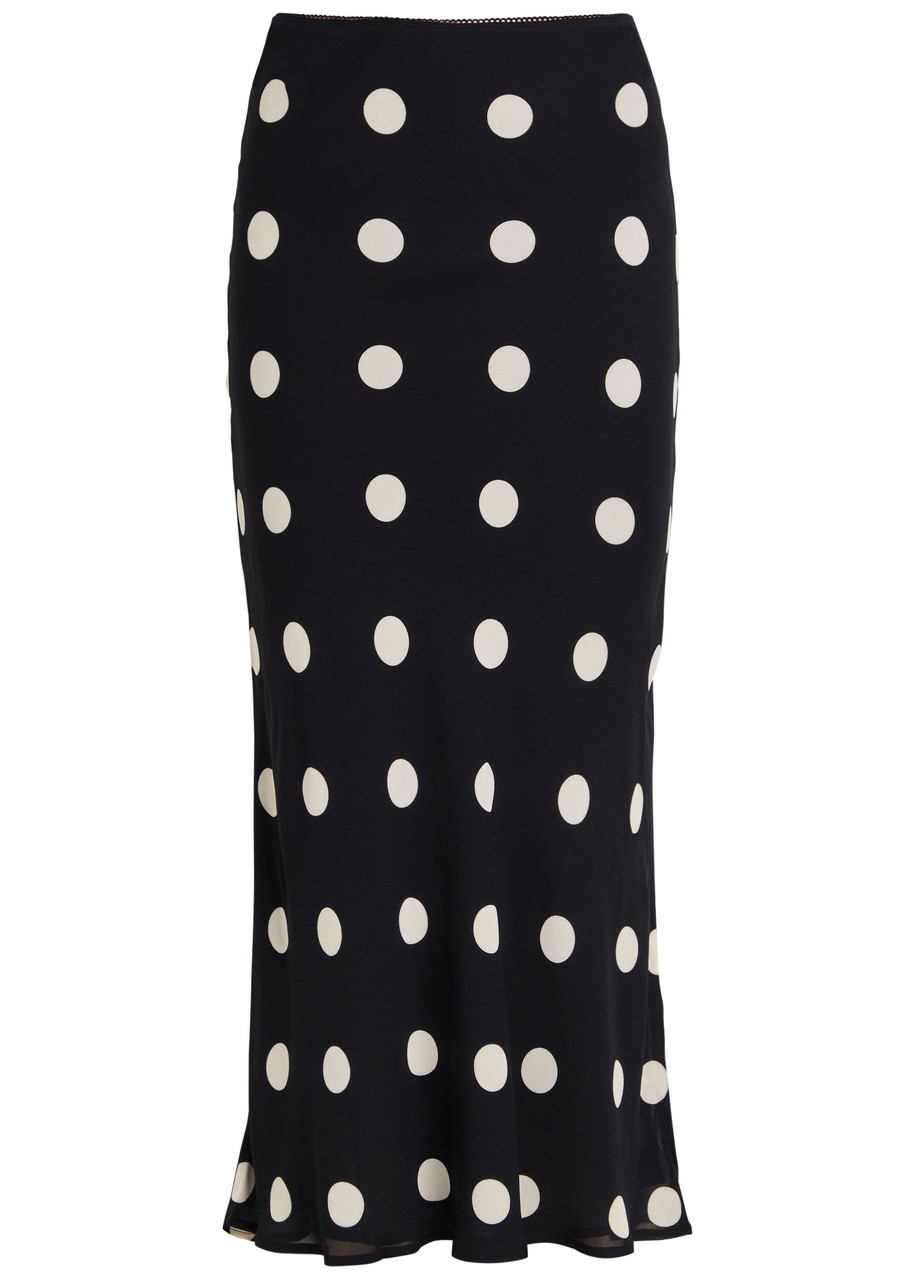 Reformation Layla Polka Dot Georgette Midi Skirt In Black