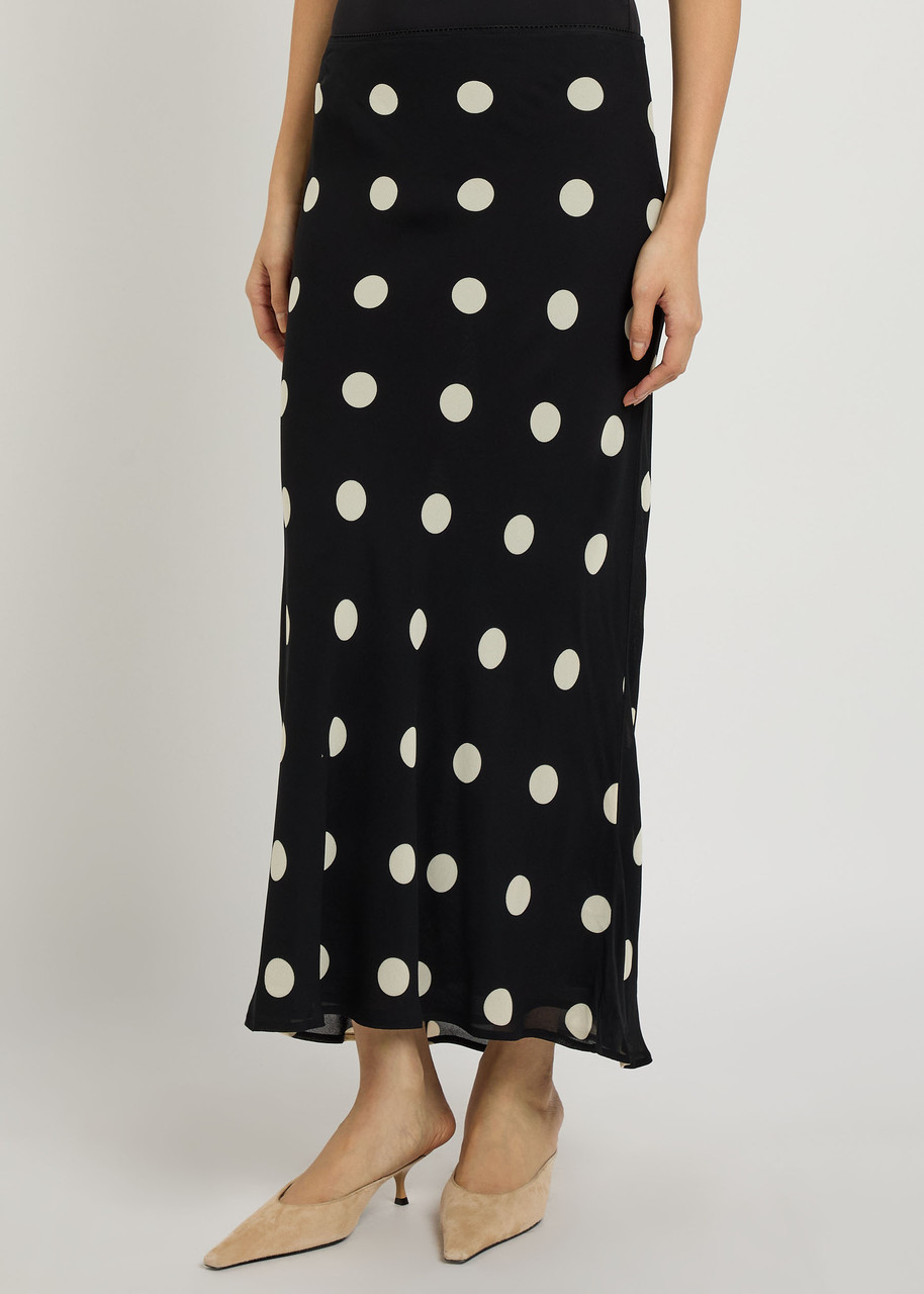 Reformation Layla Polka Dot Georgette Midi Skirt In Black