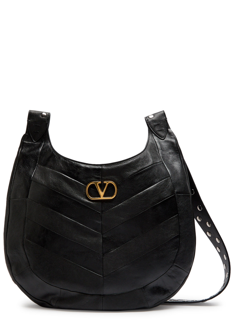 Valentino Garavani Logo-plaque Chevron Leather Hobo bag - Black - One Size