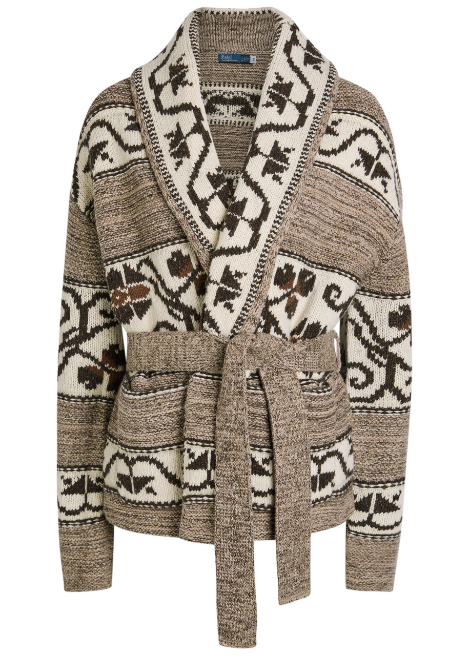 Polo Ralph Lauren Wool Blend-long Sleeve-shawl Collar Cardigan Natural Multi In Blue