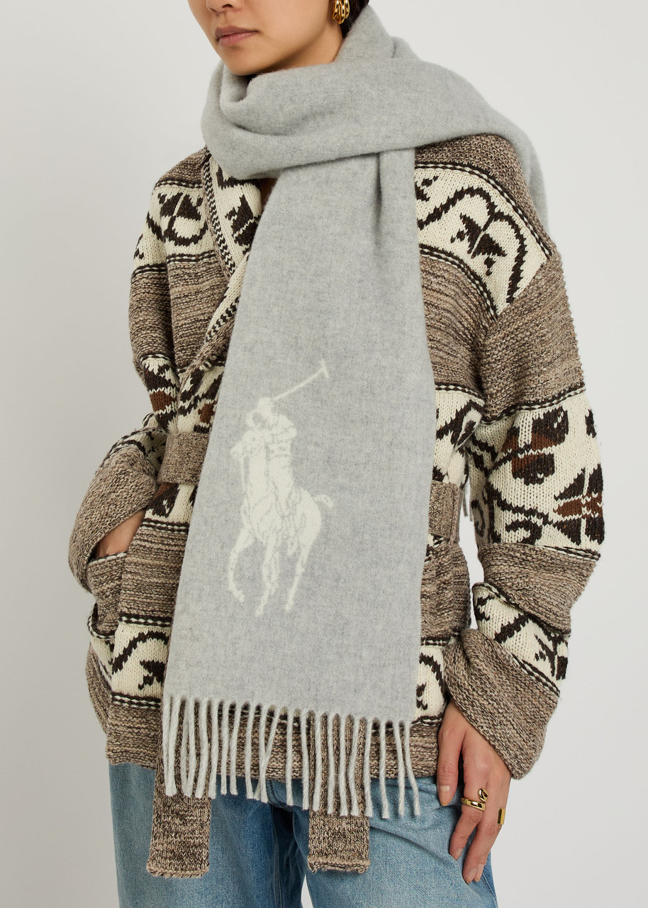 Polo Ralph Lauren Logo-intarsia Wool Scarf In Gray