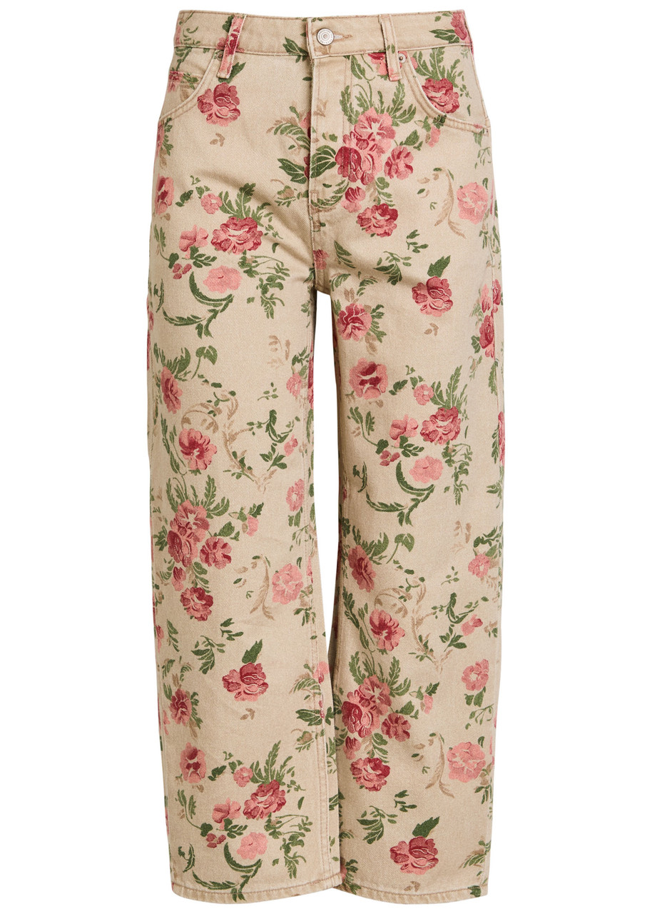 Free People Deep Trance Floral-print Straight-leg Cropped Jeans In Multi