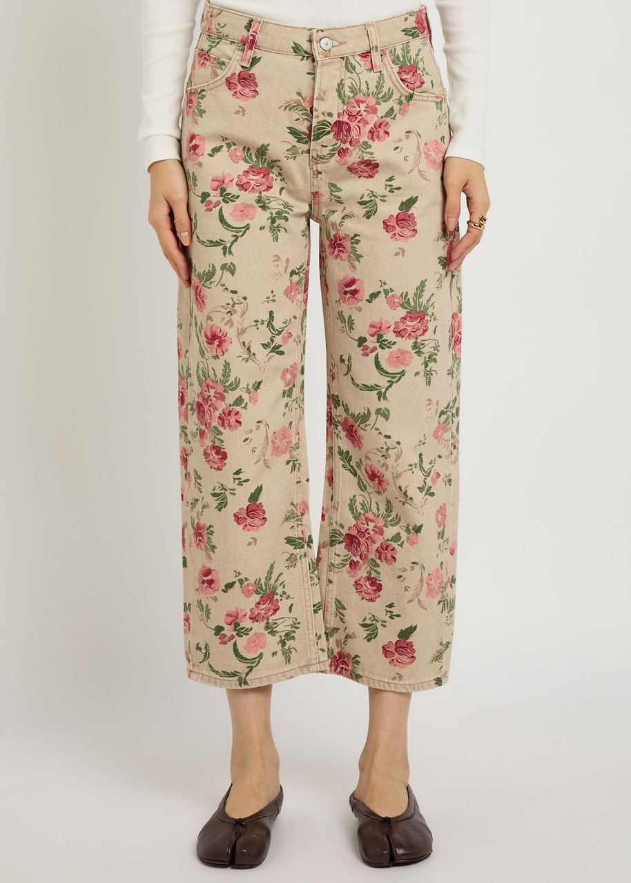Free People Deep Trance Floral-print Straight-leg Cropped Jeans In Multi