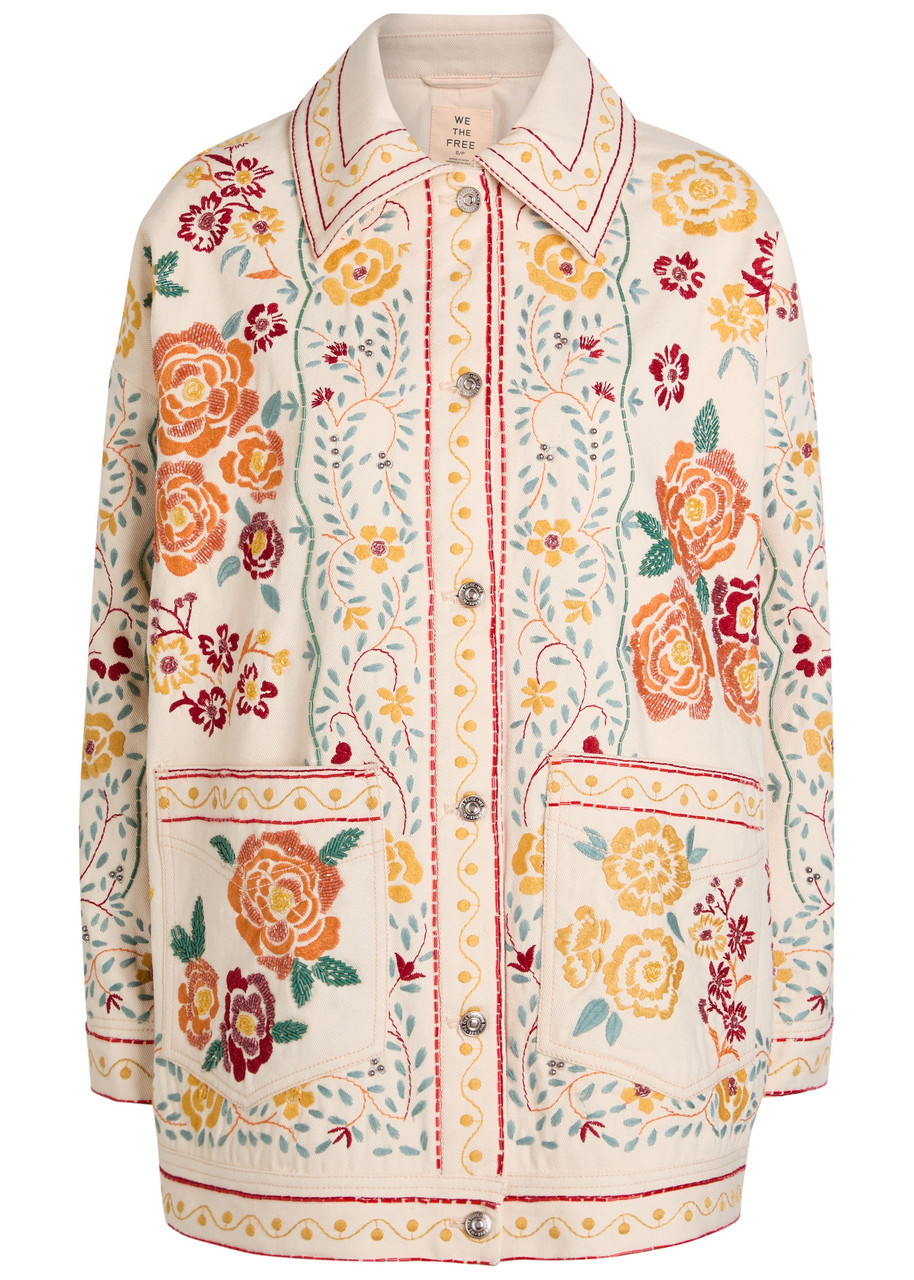 Free People Avery Floral-embroidered Denim Jacket - White - M (UK 12-14 / M)