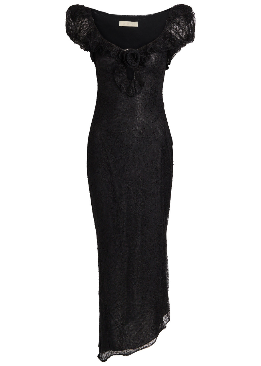 De La Vali Eden Ruffle-trimmed Lace Midi Dress In Black