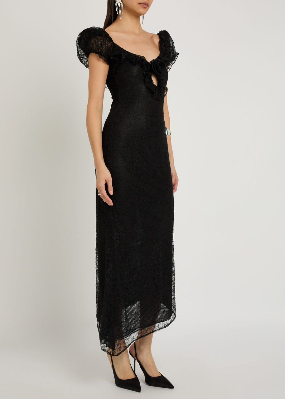 De La Vali Eden Ruffle-trimmed Lace Midi Dress In Black
