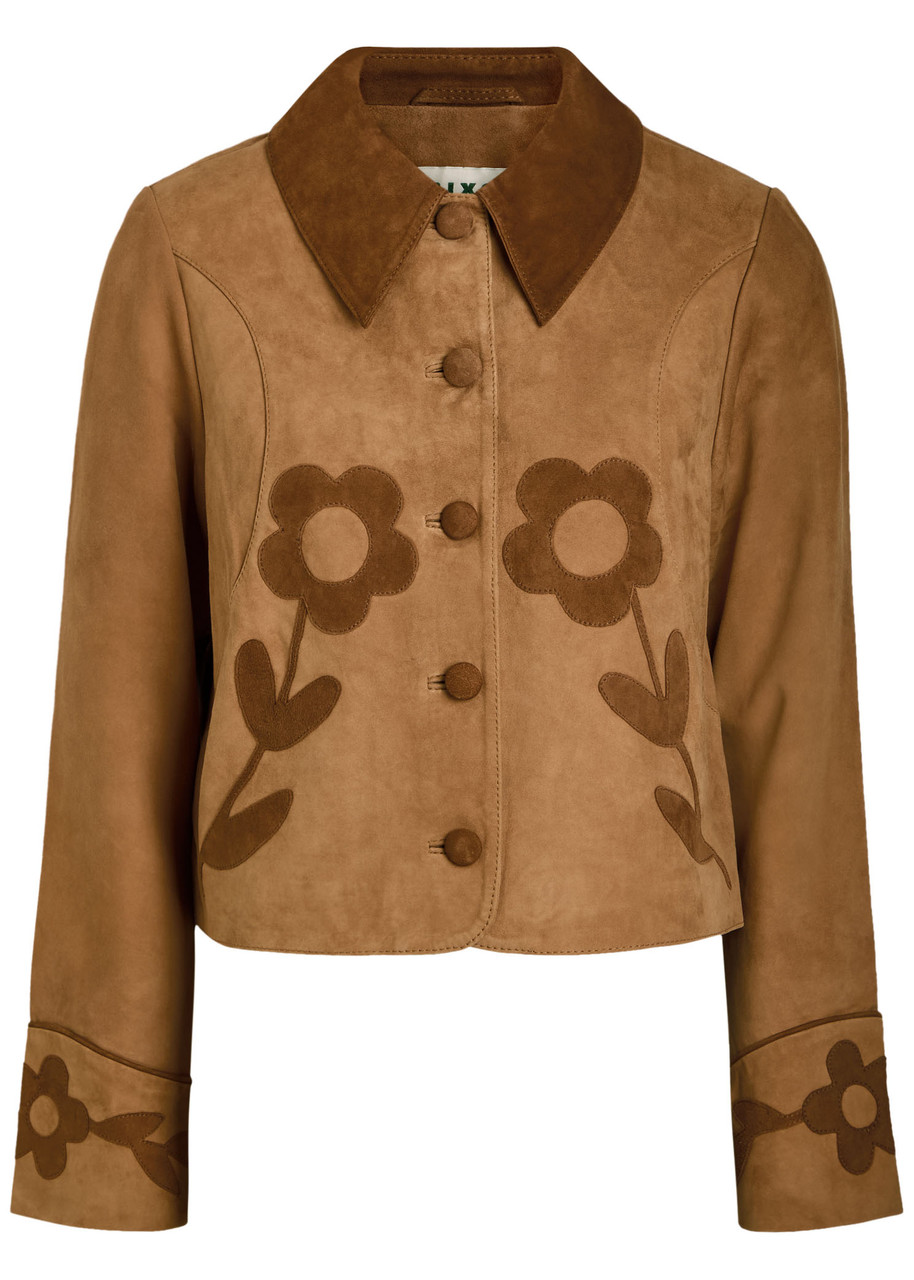 Rixo Dionne Floral Cropped Suede Jacket - Tan - 12 (UK 12 / M)