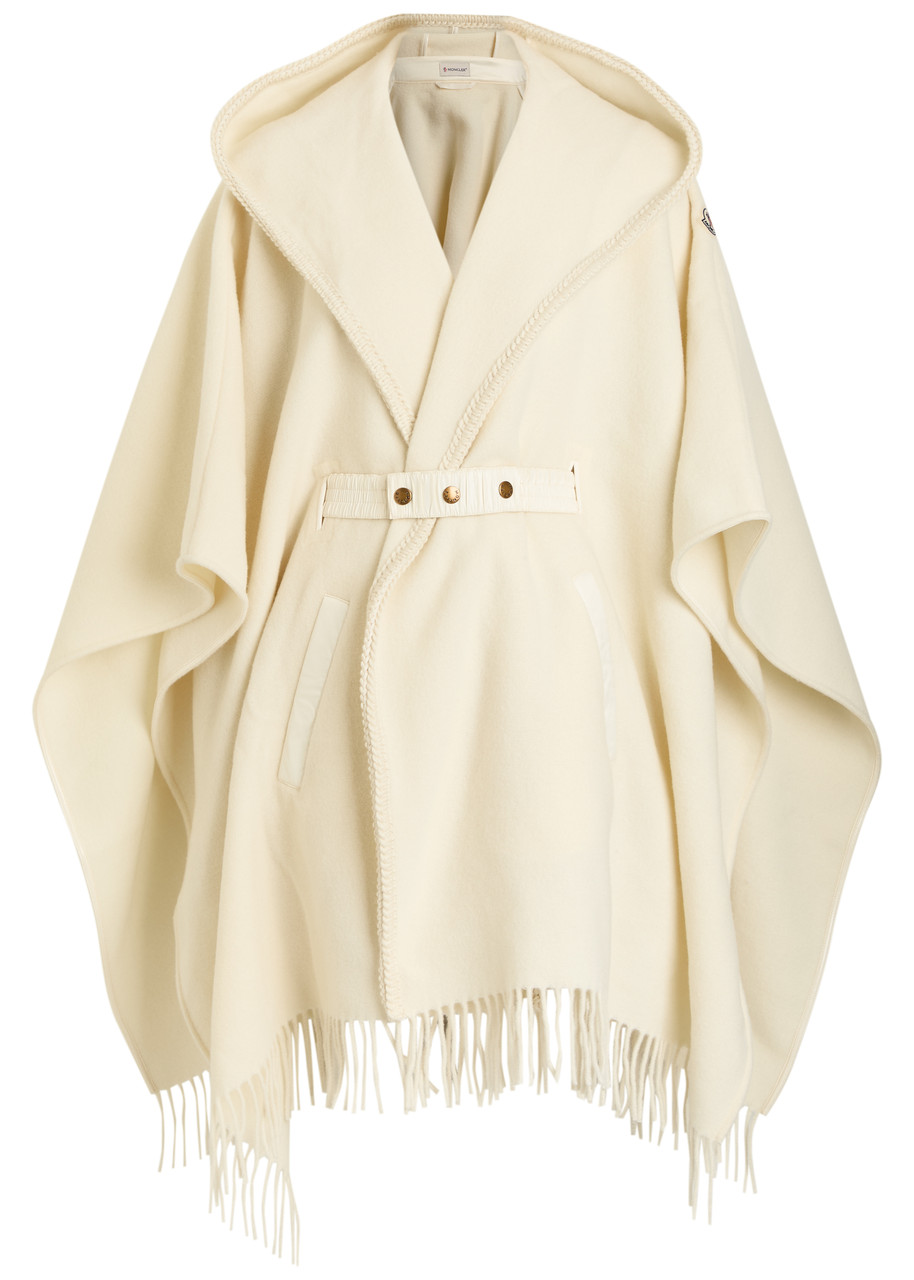 Moncler Belted Fringed Virgin Wool Cape In Neutral