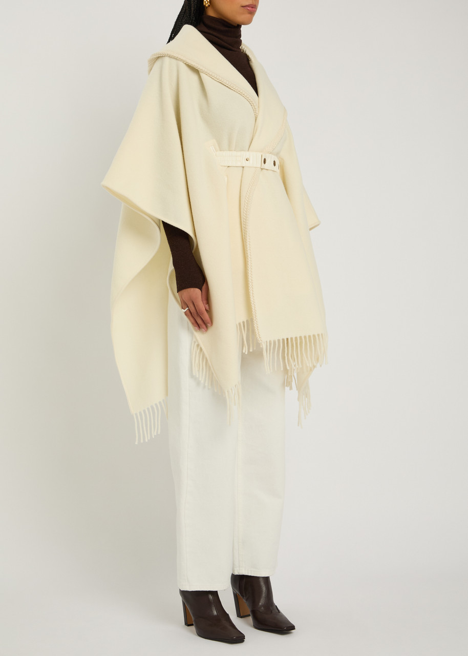 Moncler Belted Fringed Virgin Wool Cape In Neutral
