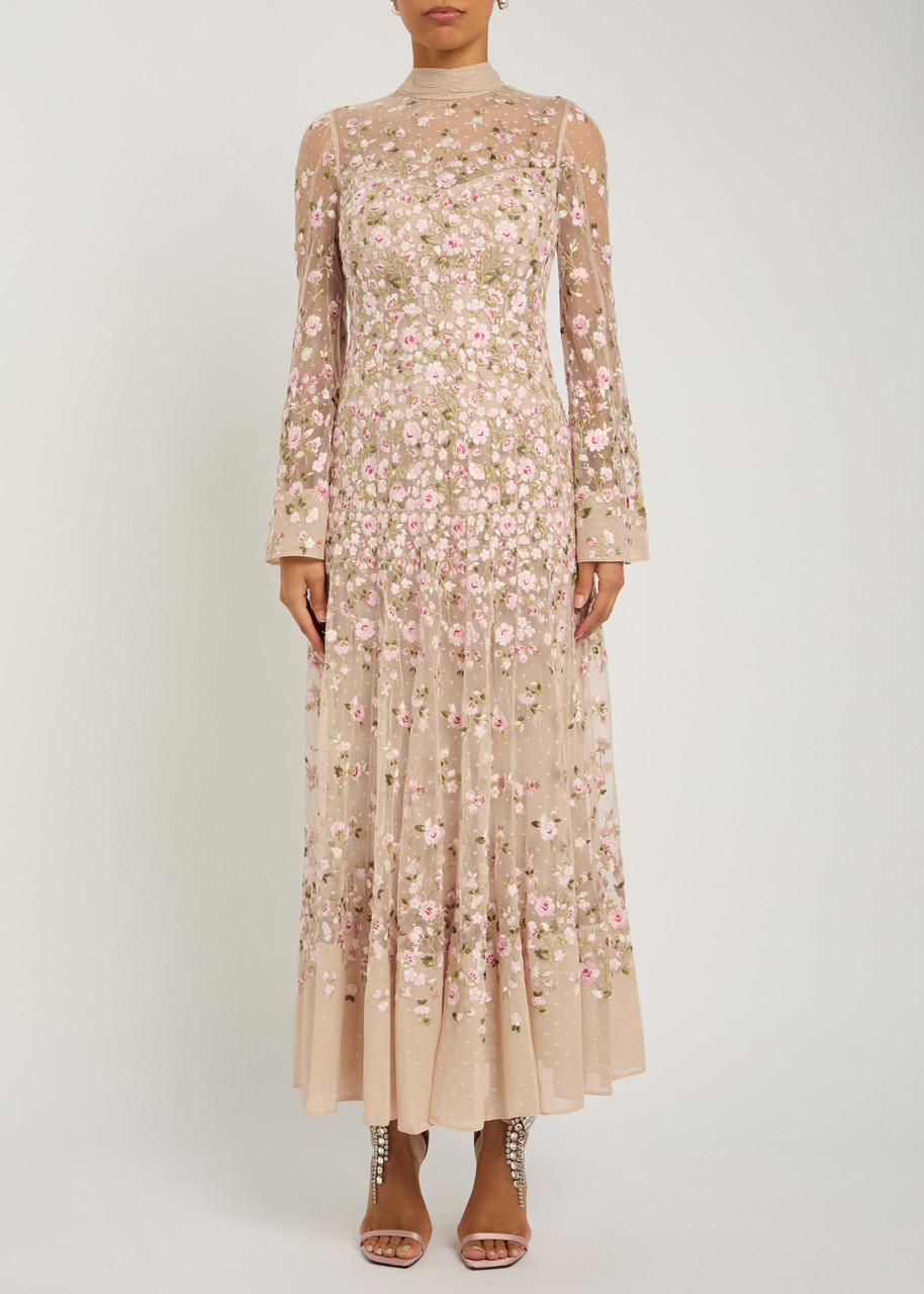 Needle & Thread Sylvia Rose Floral-embroidered Tulle Gown In Pink