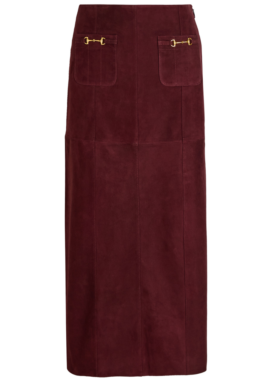 Rixo London Rixo Edwina Horsebit-embellished Suede Midi Skirt In Red