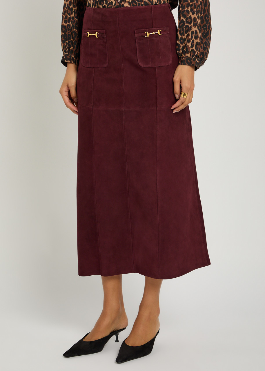 Rixo London Rixo Edwina Horsebit-embellished Suede Midi Skirt In Red