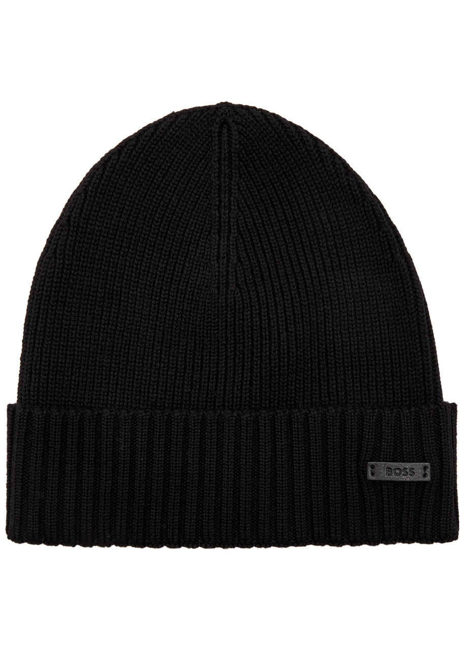 Hugo Boss Boss Fati Ribbed Logo Wool Beanie In Black