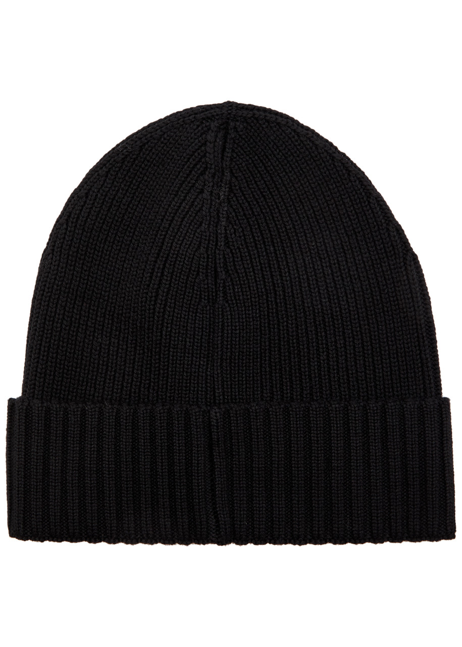 Hugo Boss Boss Fati Ribbed Logo Wool Beanie In Black