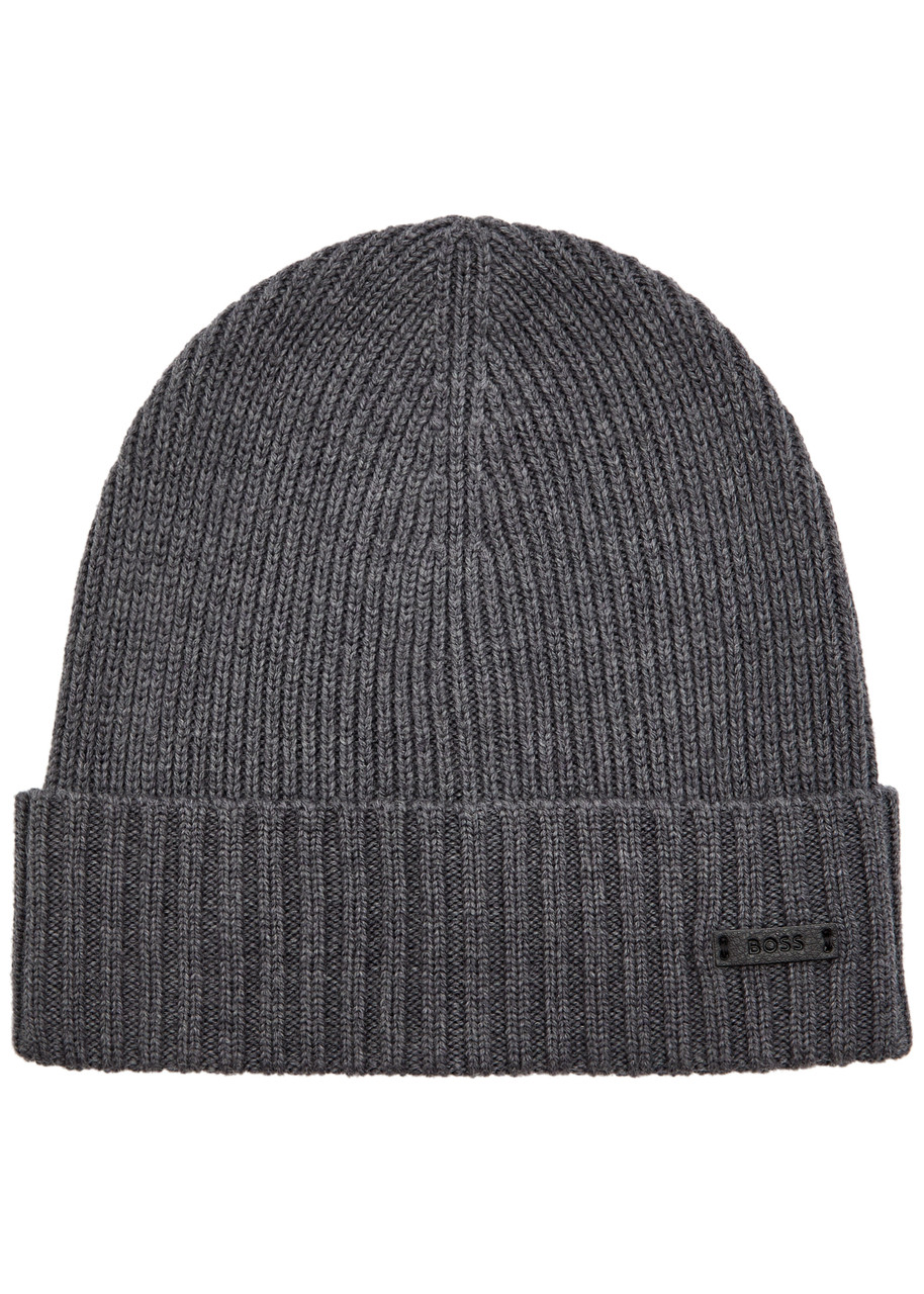 Hugo Boss Boss Fati Ribbed Logo Wool Beanie In Gray