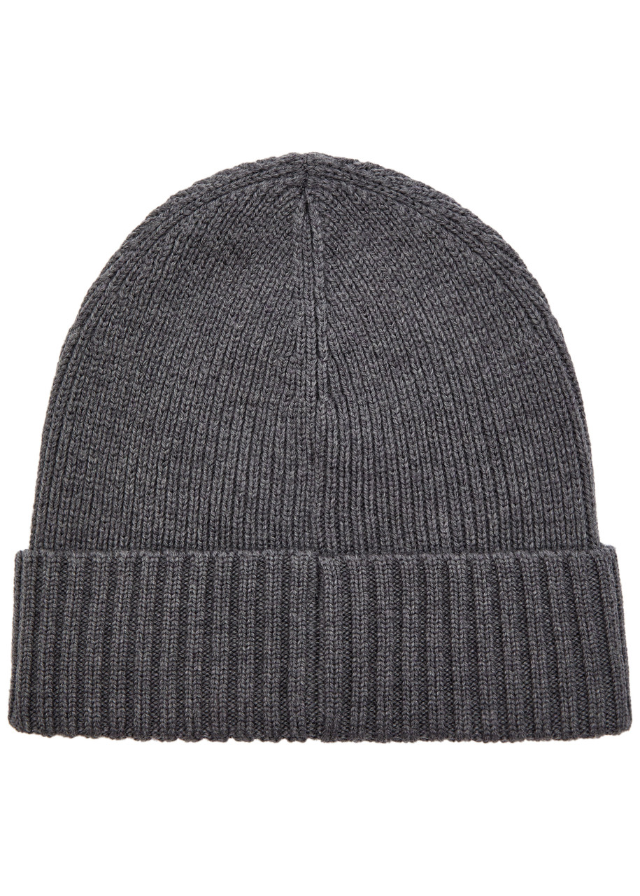 Hugo Boss Boss Fati Ribbed Logo Wool Beanie In Gray