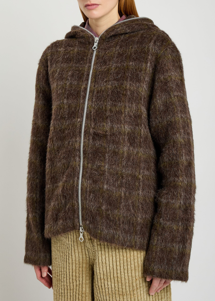 Our Legacy Full Zip Hood Checked Brushed Knit Jumper In Brown