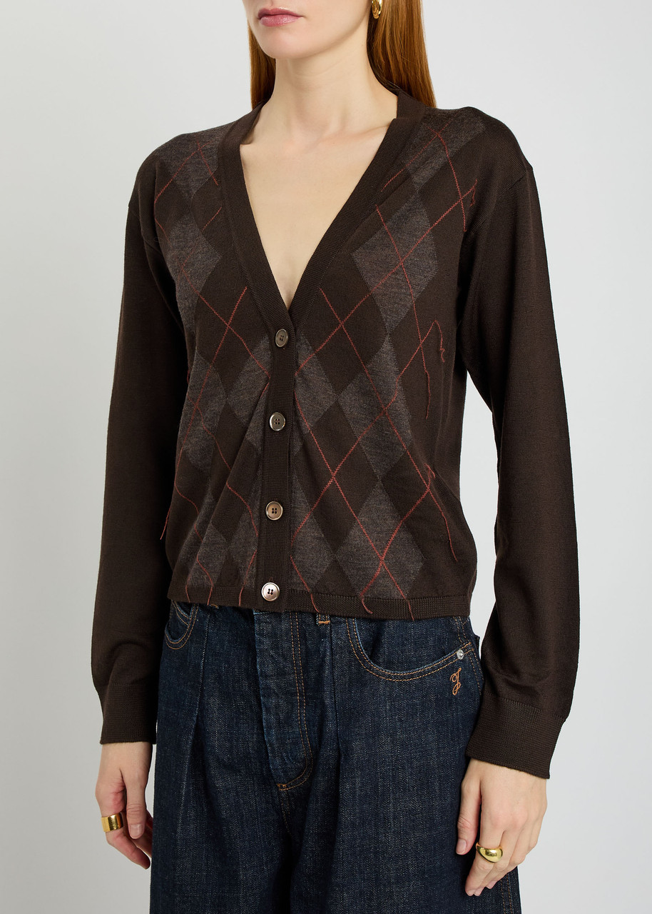 Our Legacy V-neck Argyle Pattern Cardigan With Button-down Front In Brown