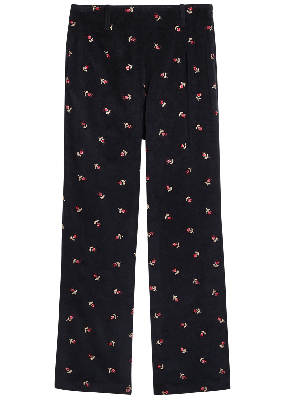 Rixo London Rixo Olwen Floral-embroidered Fine Cord Trousers In Black
