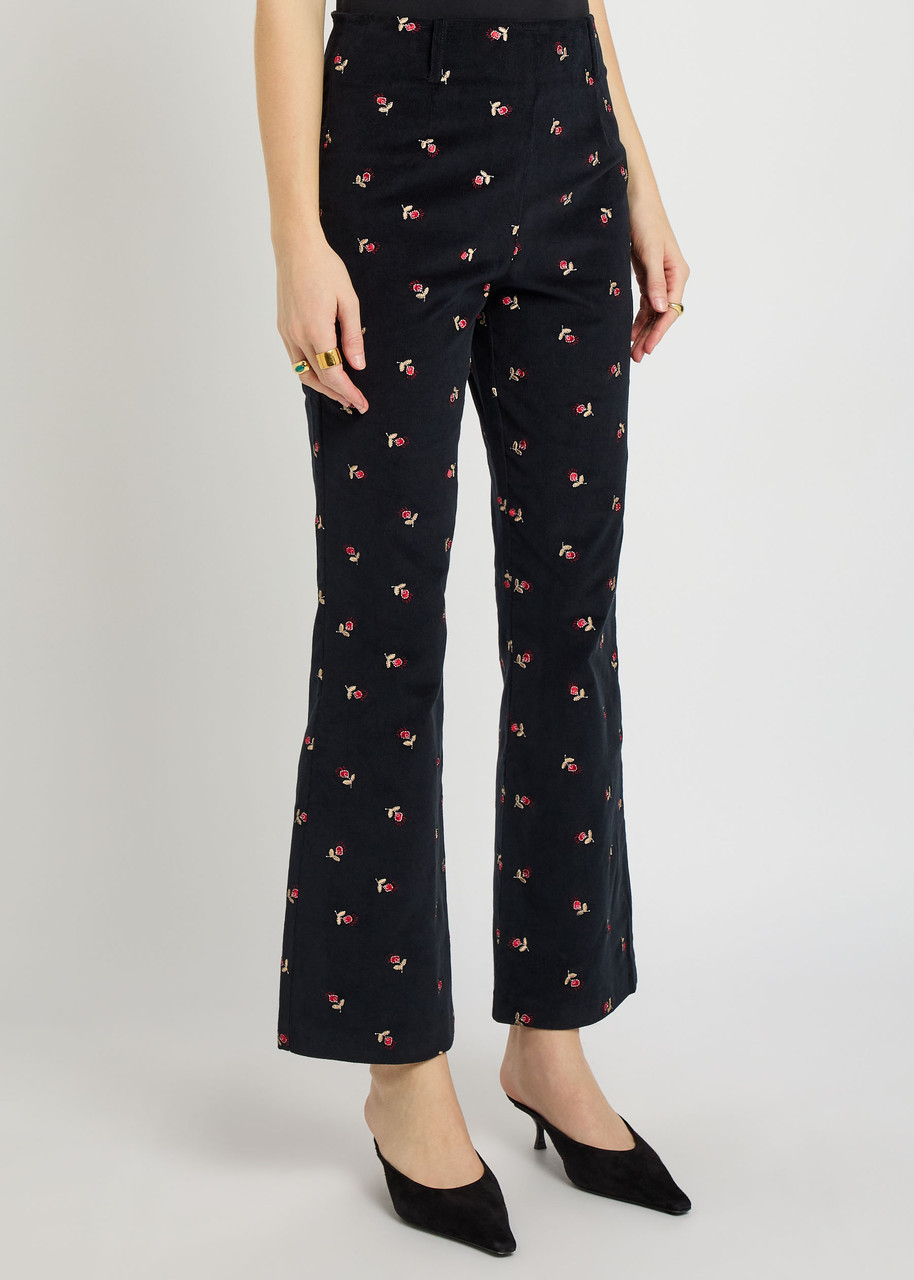 Rixo London Rixo Olwen Floral-embroidered Fine Cord Trousers In Black