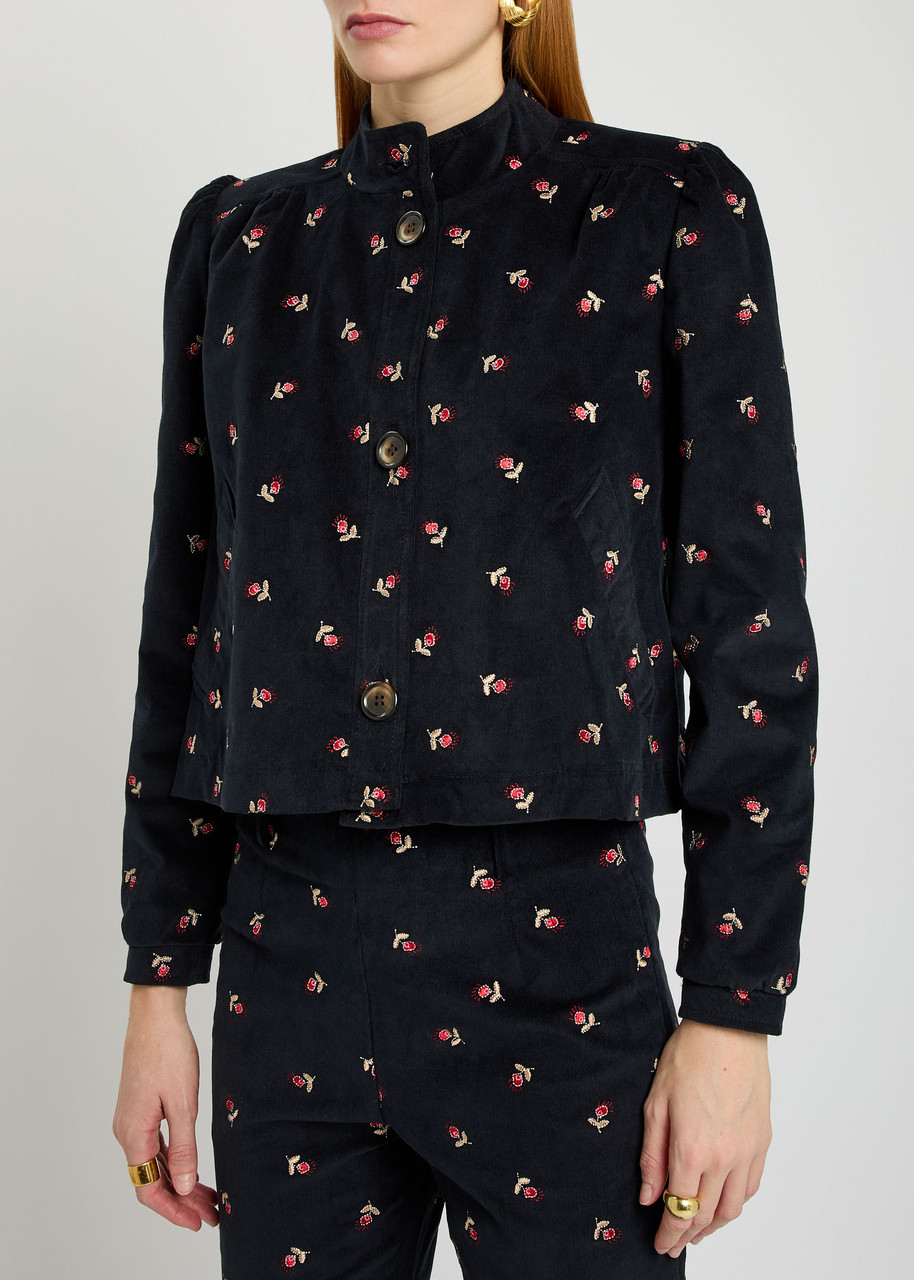 Rixo London Rixo Nyla Floral-embroidered Fine Cord Jacket In Blue