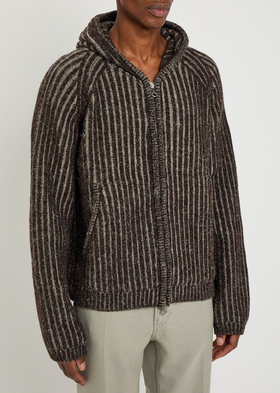 Our Legacy Mens Level Ribbed Wool Hoodie Vanise Brown Stripe In Gray