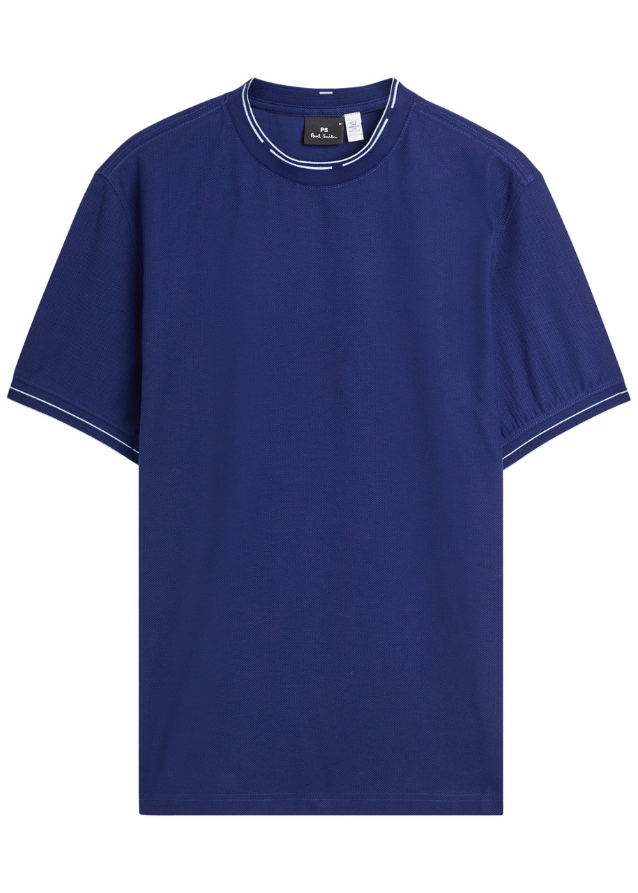 Ps By Paul Smith Ps Paul Smith Stripe-trimmed Piqué Cotton T-shirt In Blue