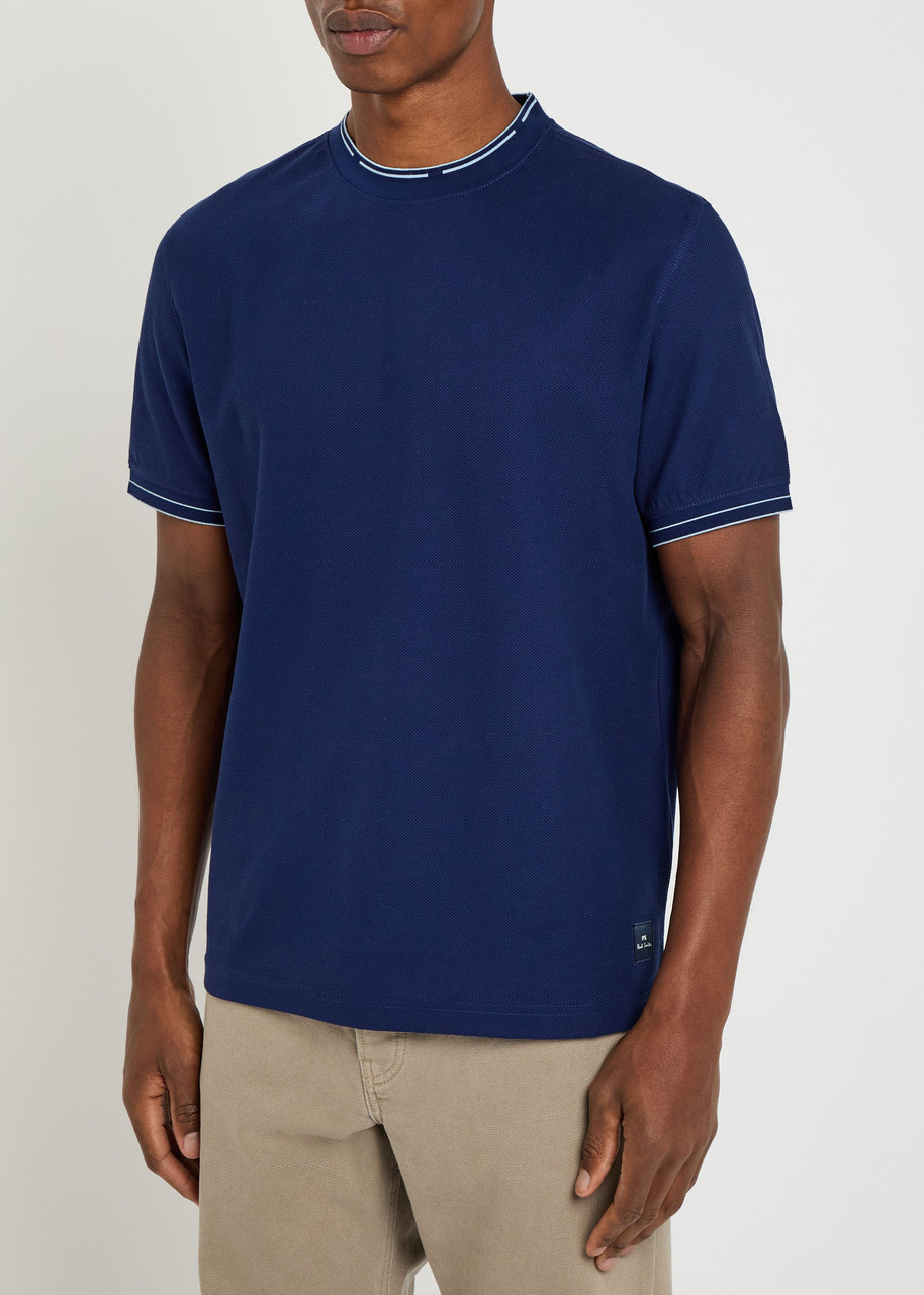 Ps By Paul Smith Ps Paul Smith Stripe-trimmed Piqué Cotton T-shirt In Blue