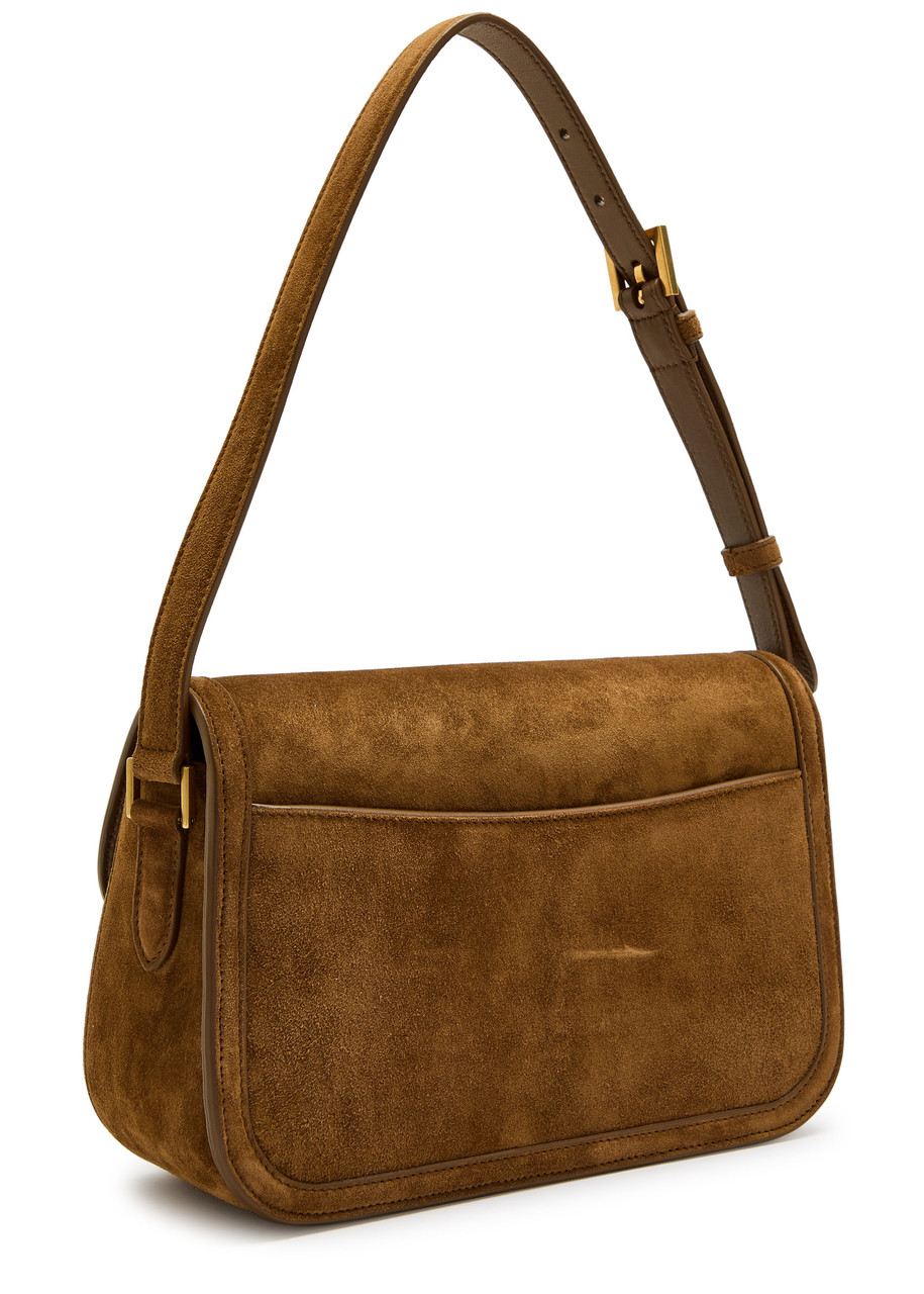 Saint Laurent Solferino Medium Ysl Shoulder Bag In Suede In Brown