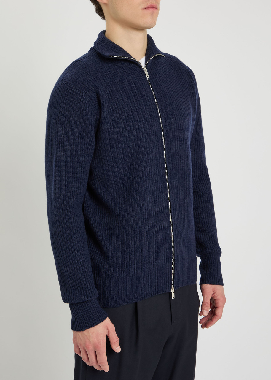 John Smedley Mens High-neck Zip-up Knitted Cashmere And Wool Cardigan Midnight Xl In Blue