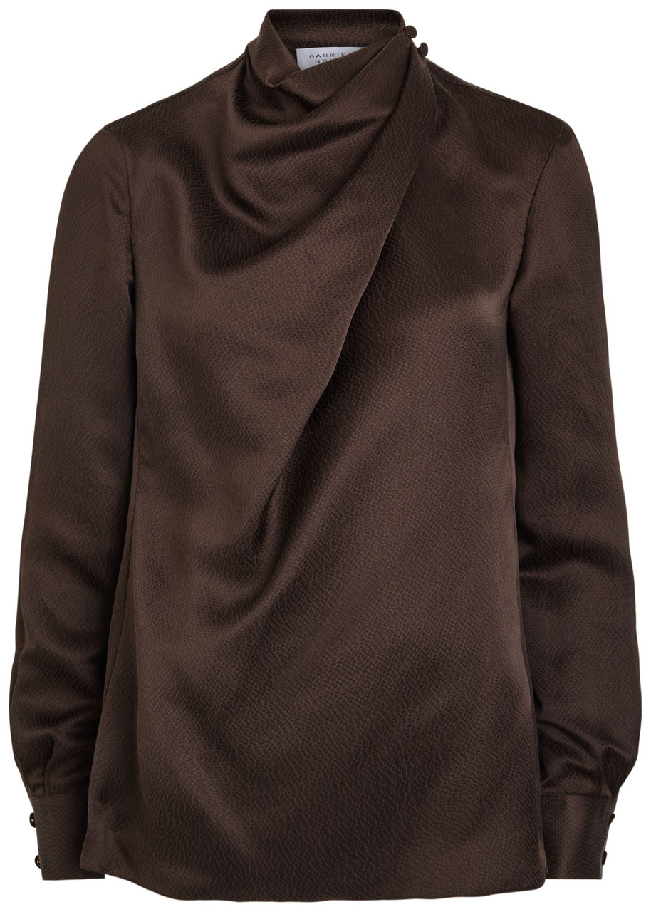 Gabriela Hearst Marcela Cowl-neck Textured Silk Long-sleeve Top In Brown