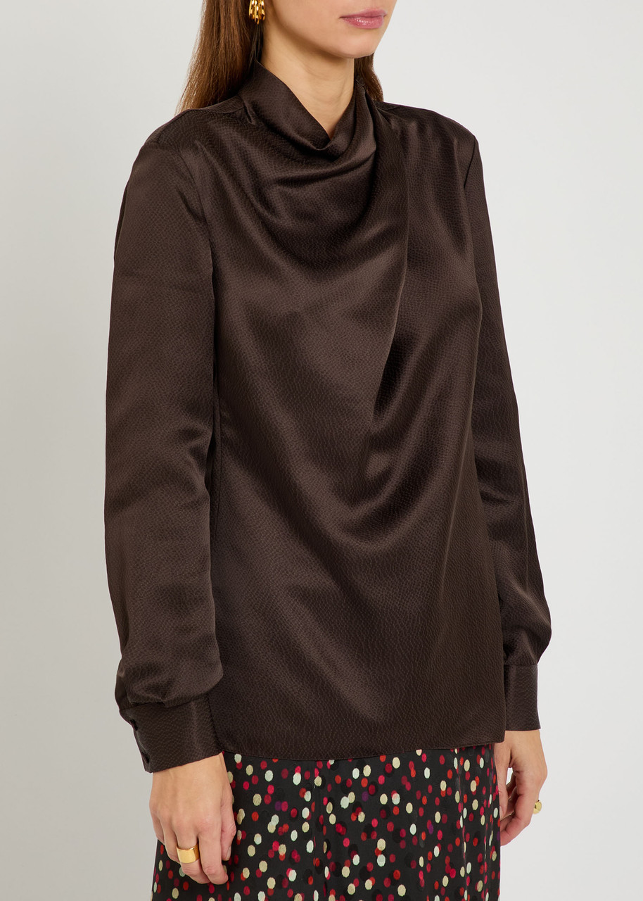 Gabriela Hearst Marcela Cowl-neck Textured Silk Long-sleeve Top In Brown