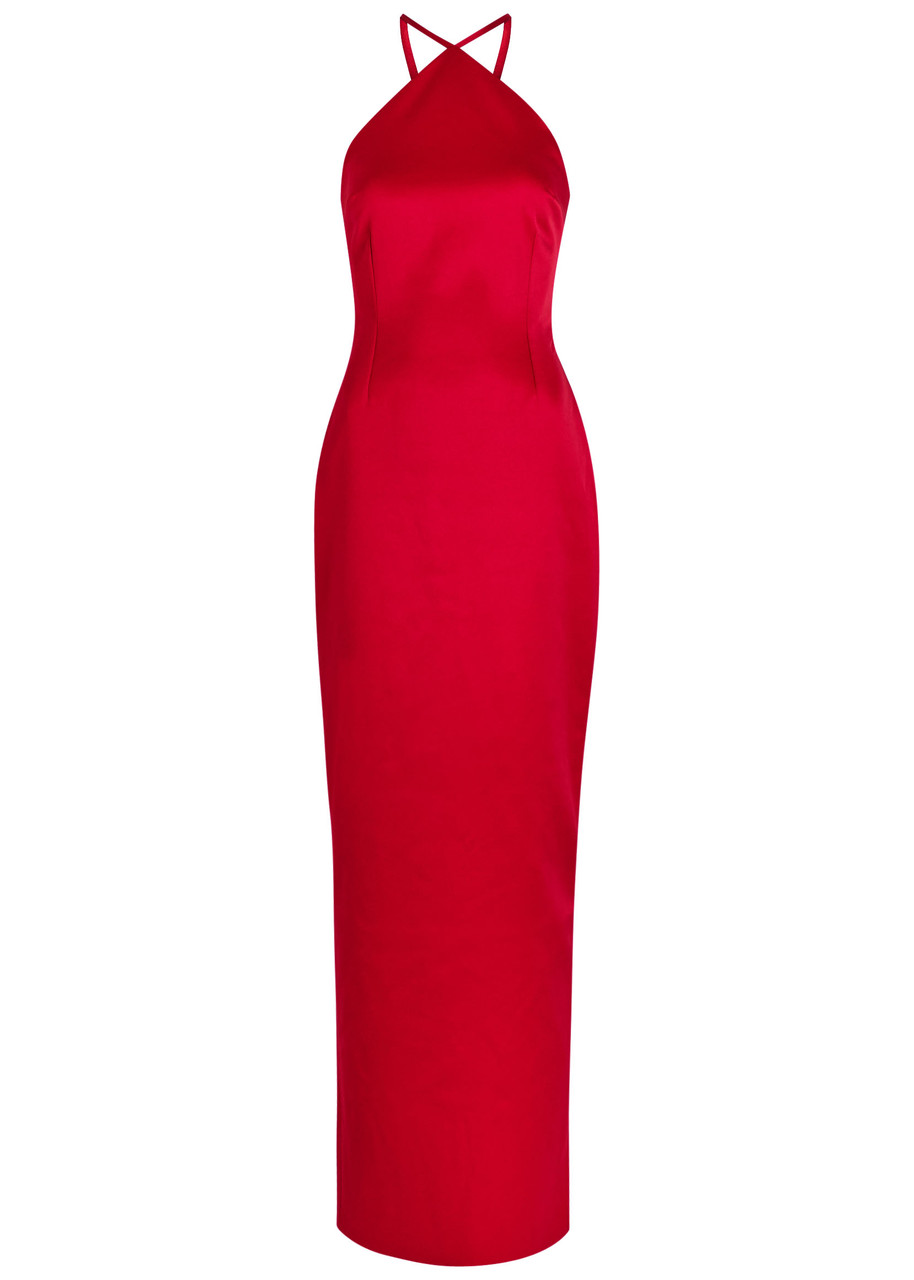 Solace London Fern Halterneck Satin Maxi Dress - Red - 14 (UK14 / L)