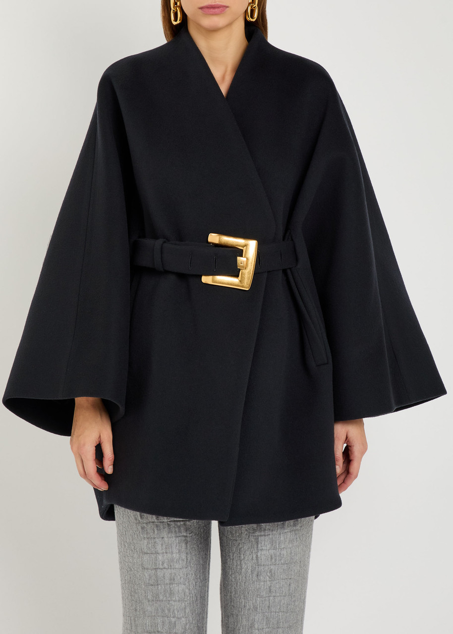 Balmain Belted Wool And Cashmere-blend Wrap Coat In Blue
