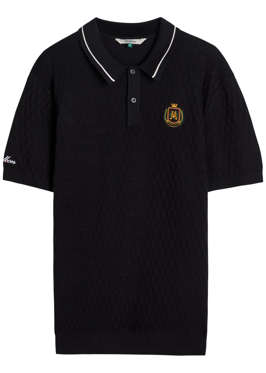 Malbon Crest Checked-knit Cotton Polo Shirt In Black