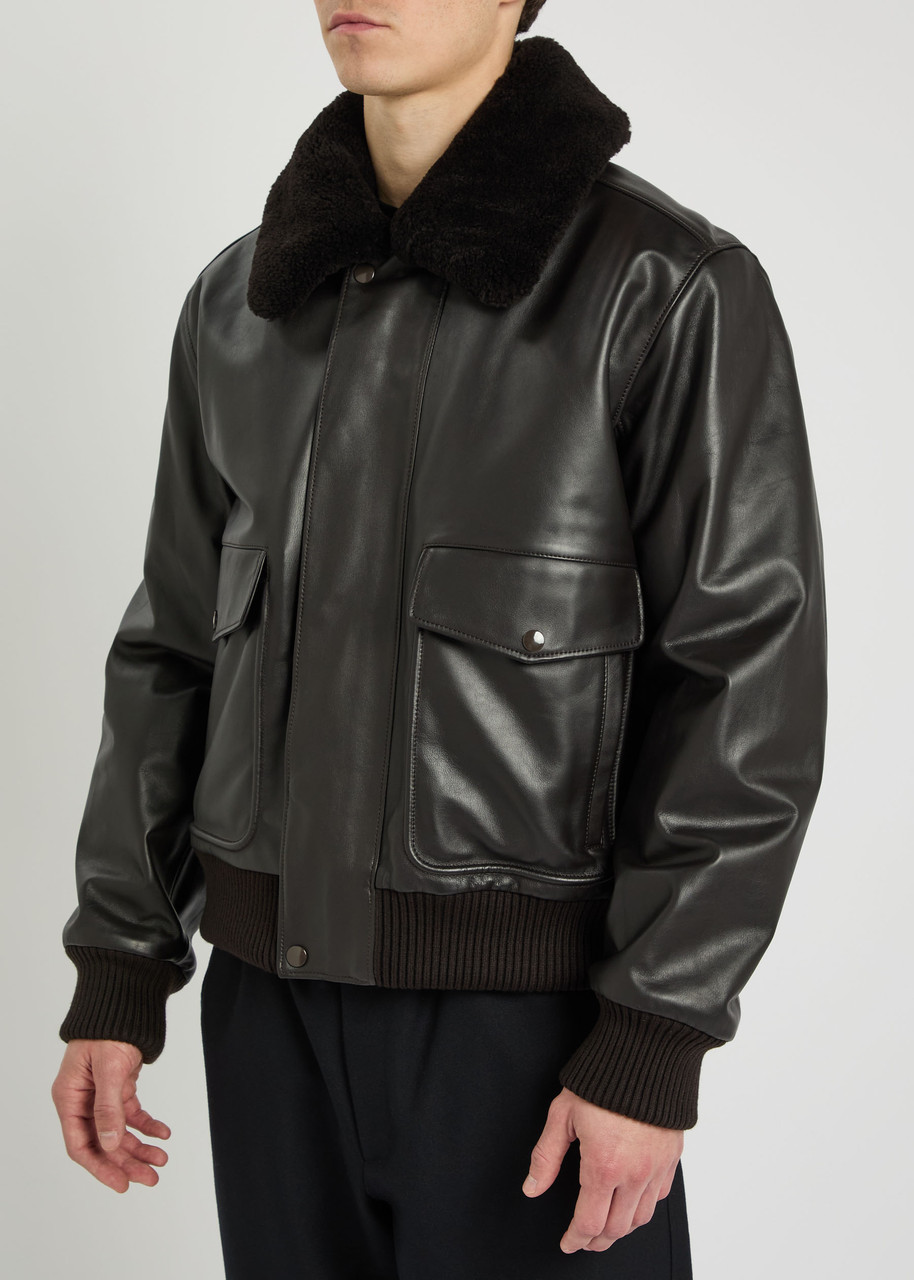 Lemaire Shearling-trimmed Leather Blouson Jacket In Brown